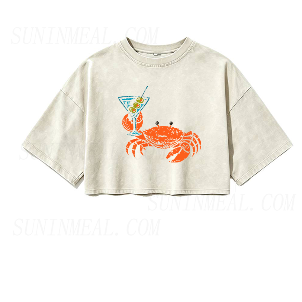 Funny Crab Holding Cocktail Oversized Crop Tee