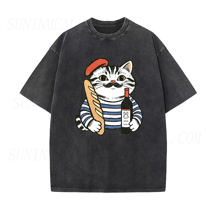 Cat with Baguette & Wine Unisex Tee