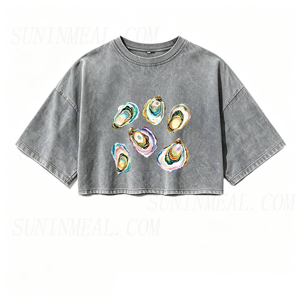 Watercolor Oyster Oversized Crop Tee