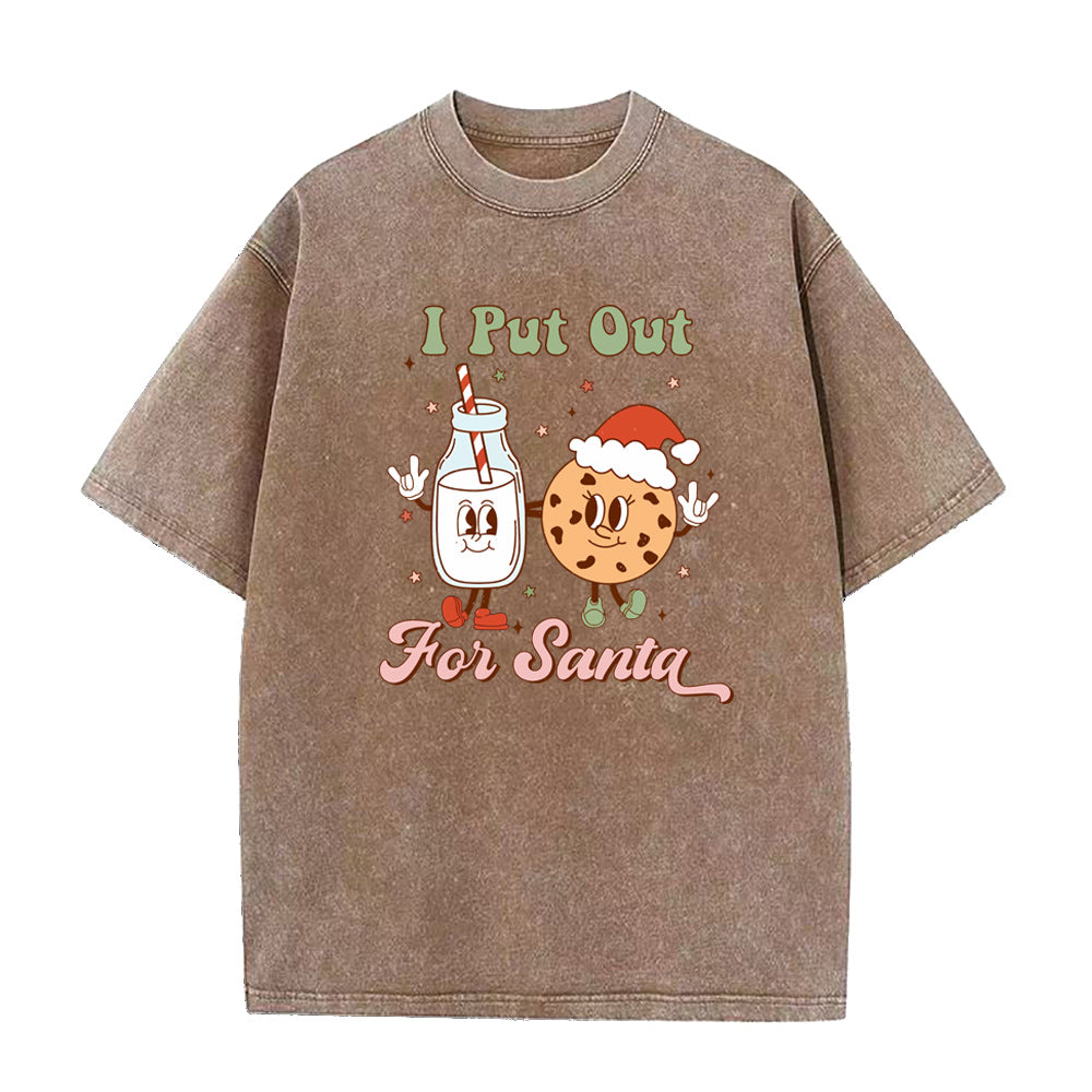 Brown t-shirt with Christmas-themed design featuring a cookie and milk bottle on a white background