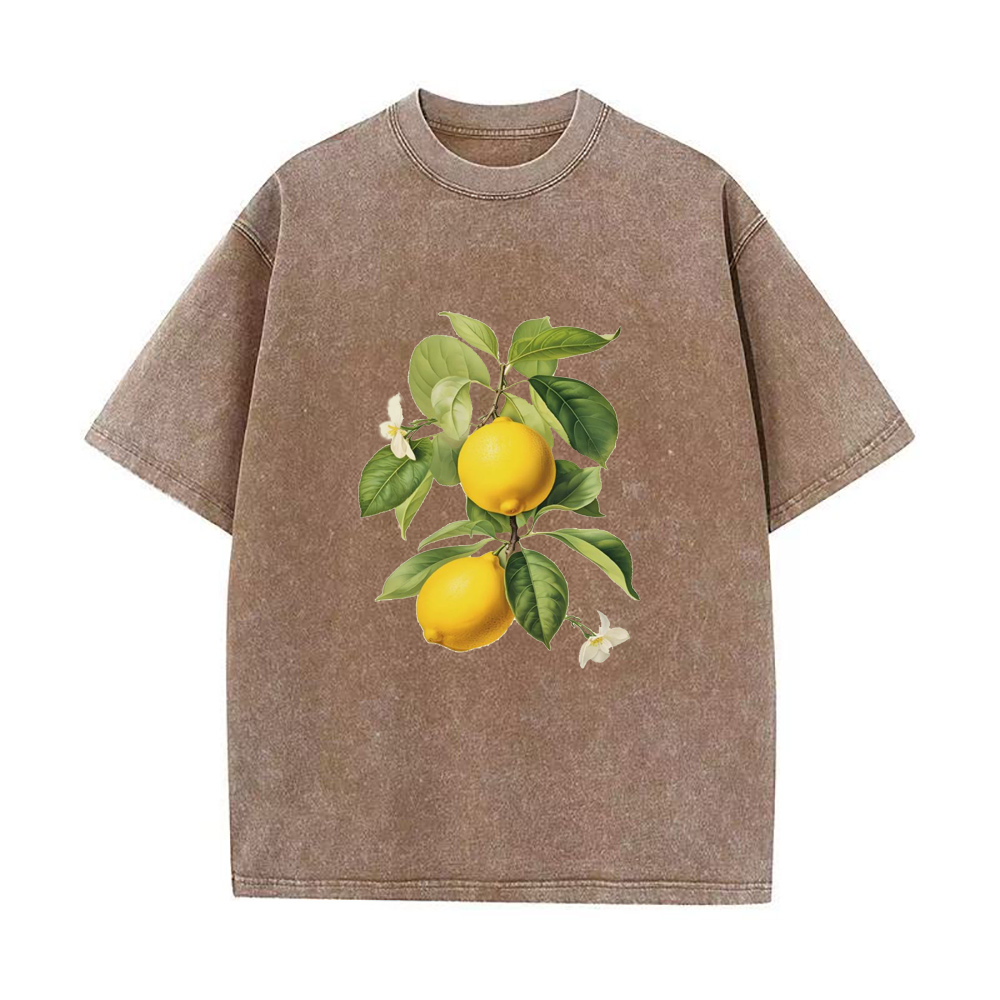 Oversized brown crew neck t-shirt with a printed lemon and leaf design in the center.