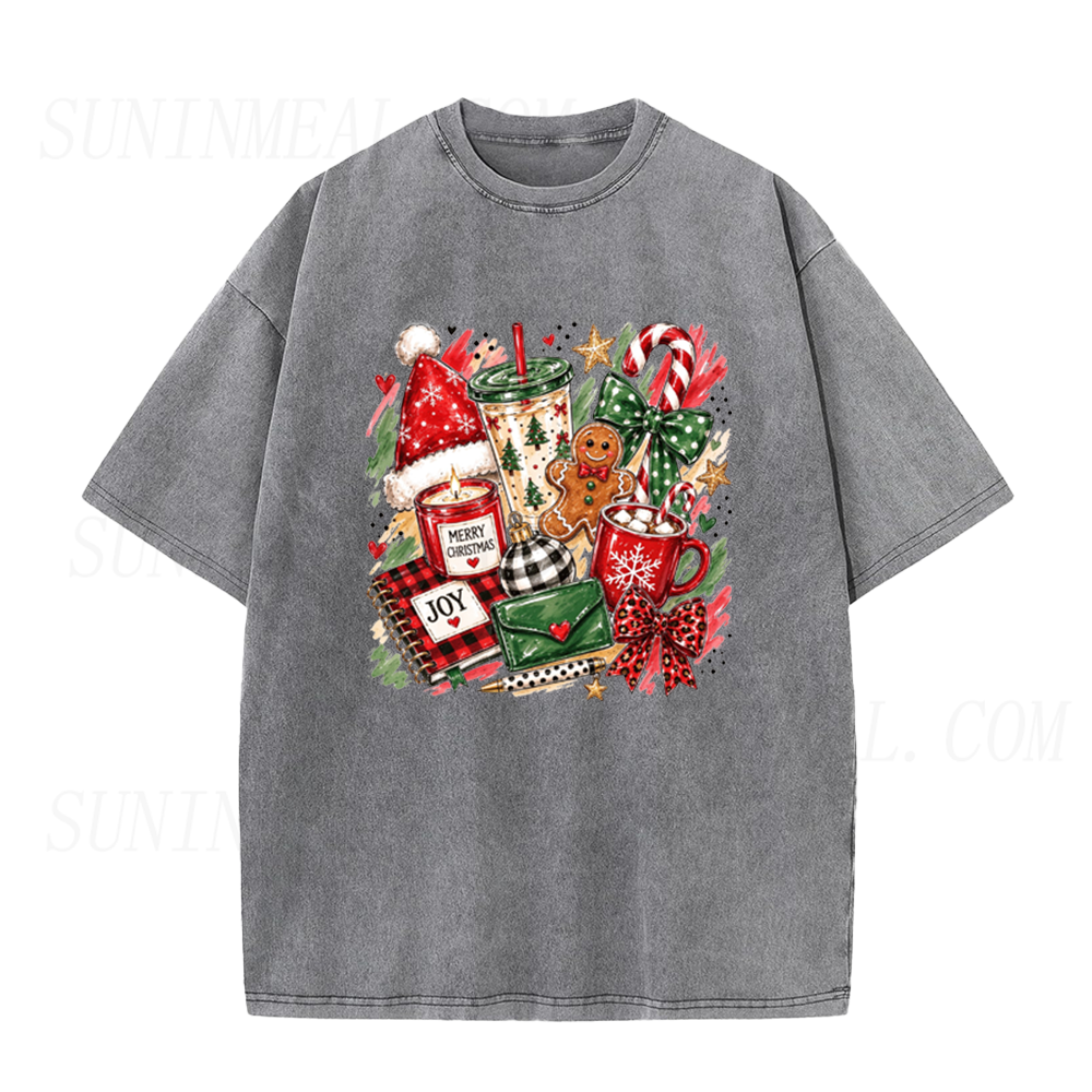 Christmas Cozy Vibes Gingerbread Candy Cane Hot Cocoa Collage Graphic Unisex Tee