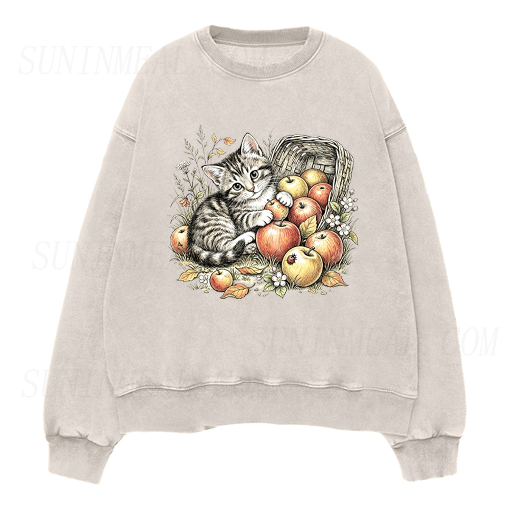 Vintage Cute Kitten Apple Basket Unisex Crewneck Sweatshirt