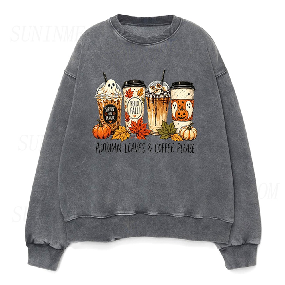 Autumn Leaves & Coffee Please Fall Halloween Unisex Crewneck Sweatshirt