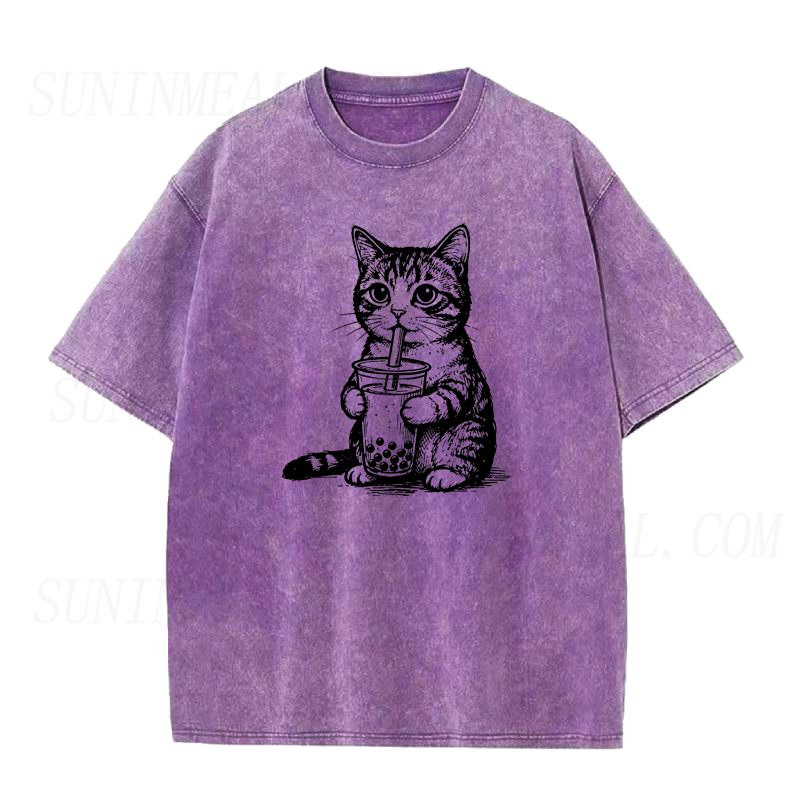 Cute Cat Drinking Bubble Tea Unisex Tee