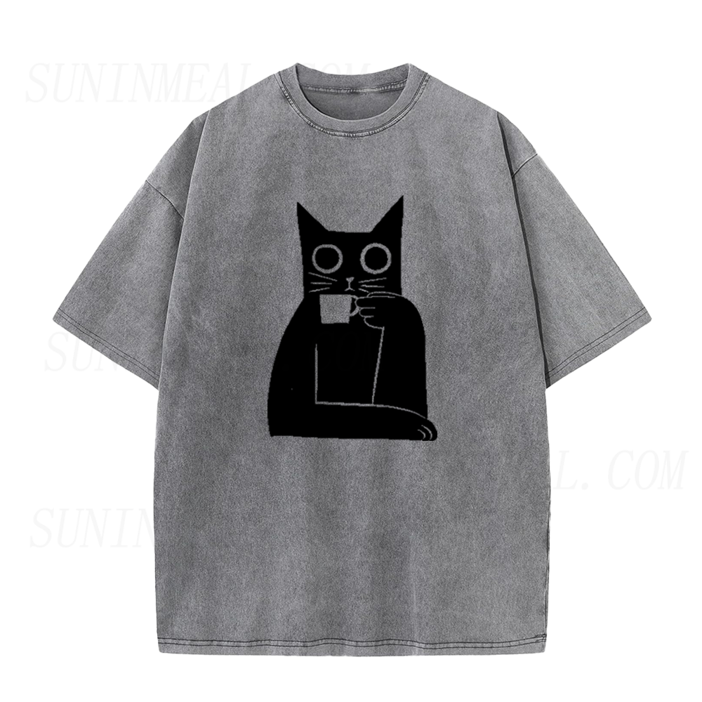 Black Cat Drinking Coffee Unisex Tee