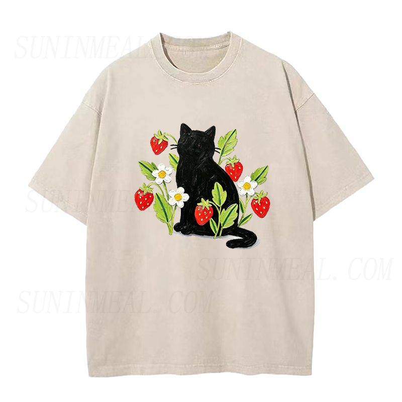 Black Cat with Strawberries and Flowers Unisex Tee
