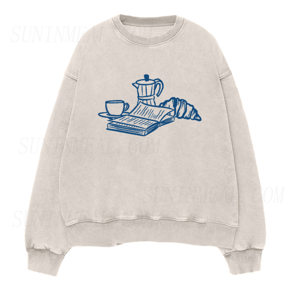 French Breakfast Coffee Book Croissant Unisex Crewneck Sweatshirt