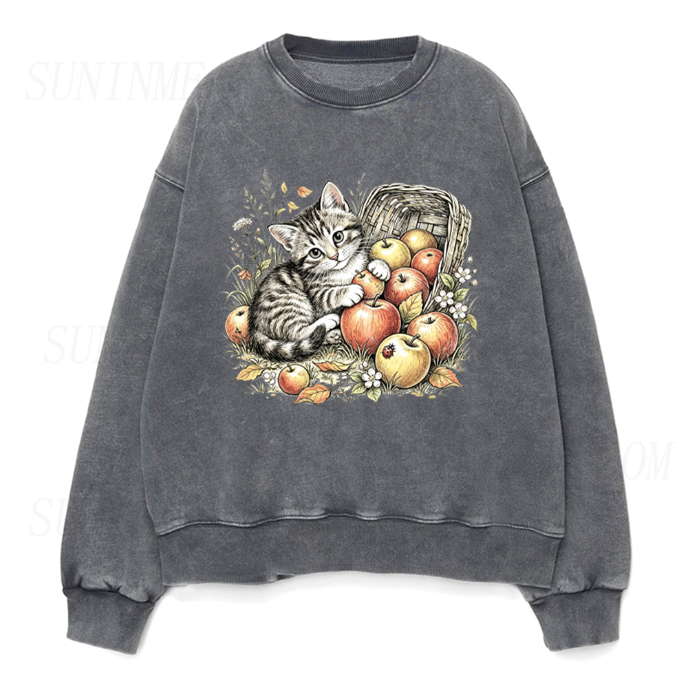 Vintage Cute Kitten Apple Basket Unisex Crewneck Sweatshirt