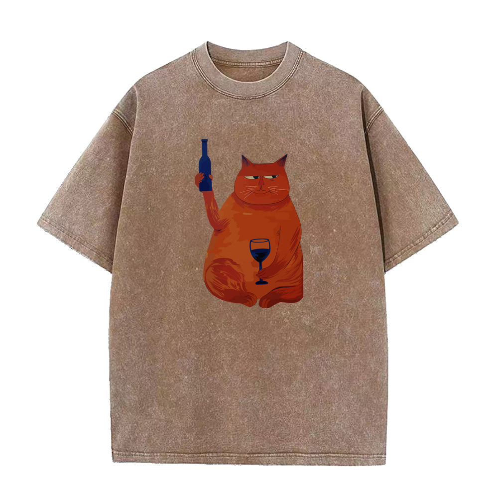 Brown t-shirt with an orange cat graphic holding a bottle and glass on a white background