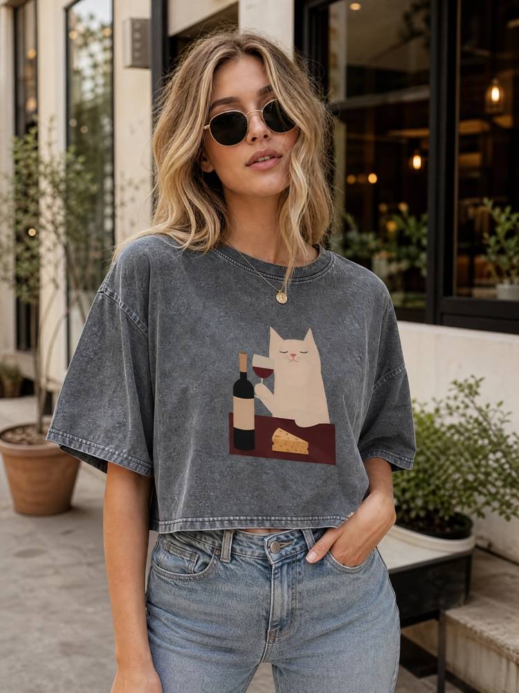 White Cat Wine Oversized Crop Tee