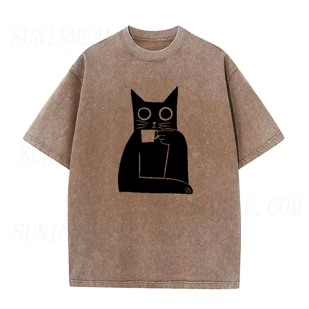 Black Cat Drinking Coffee Unisex Tee