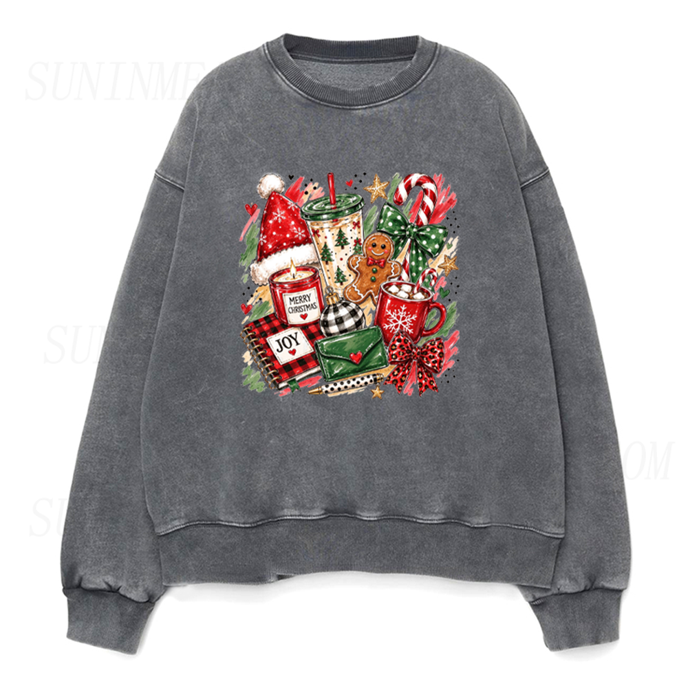Christmas Cozy Vibes Gingerbread Candy Cane Hot Cocoa Collage Graphic Unisex Crewneck Sweatshirt