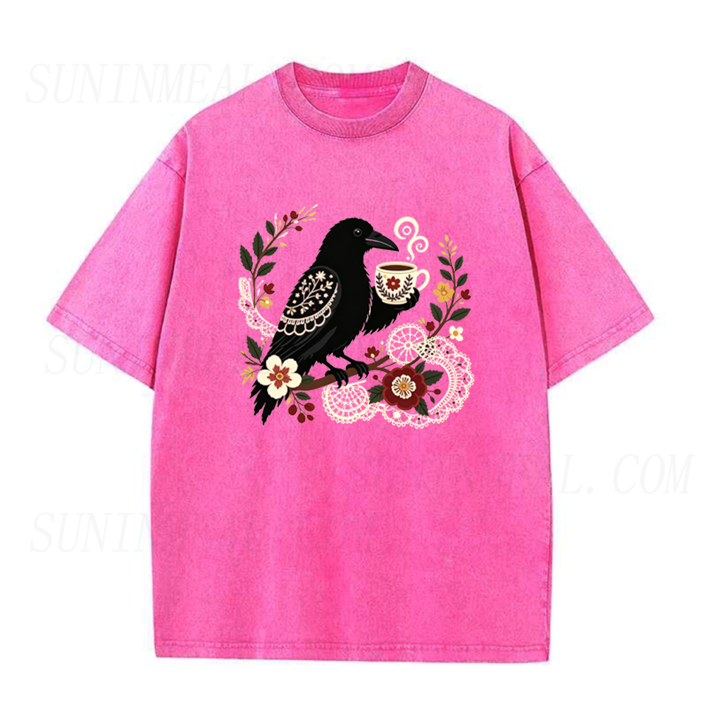 Crow with Vintage Coffee Cup Unisex Tee