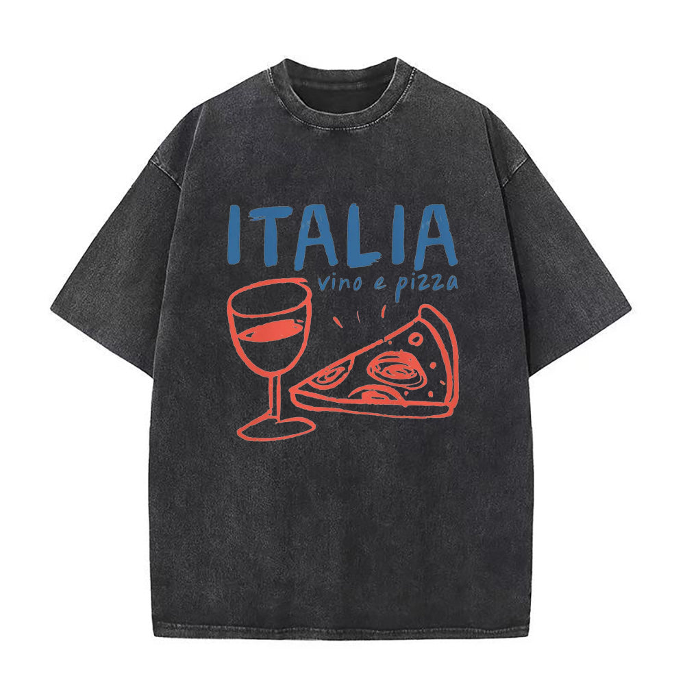 イタリアのワインとピザのユニセックスTシャツ