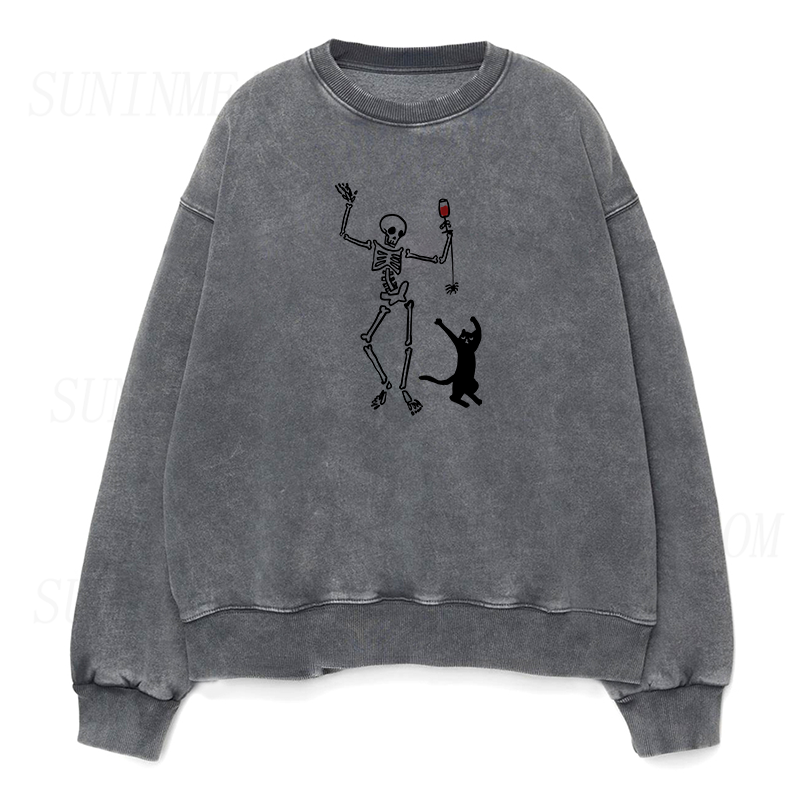 dancing skeleton and cat Unisex Crewneck Sweatshirt