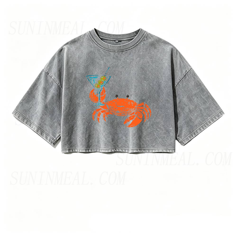Funny Crab Holding Cocktail Oversized Crop Tee