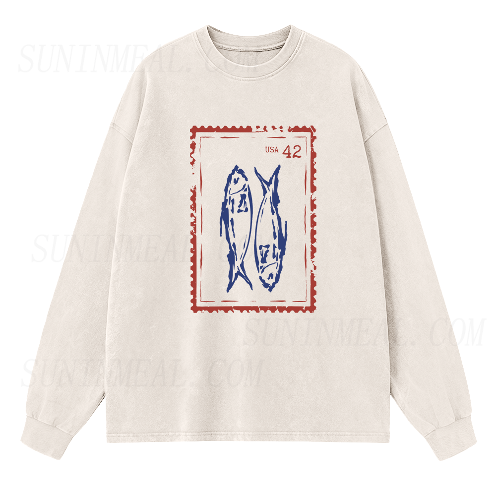 Fish Vintage Stamp Long Sleeve Unisex Tee