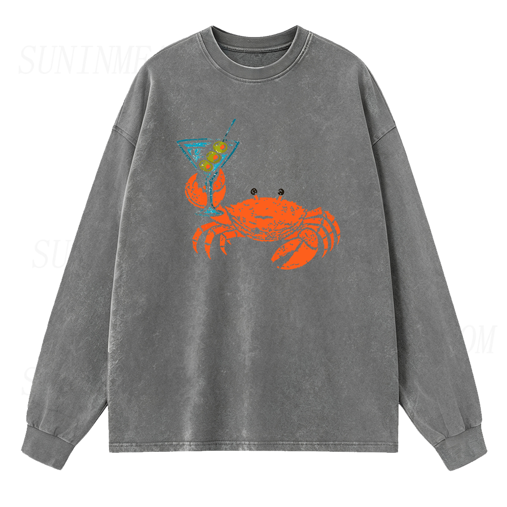 Funny Crab Holding Cocktail Long Sleeve Unisex Tee