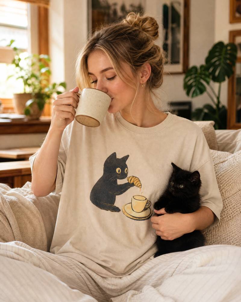 Cat Dipping Croissant in Coffee Unisex Tee