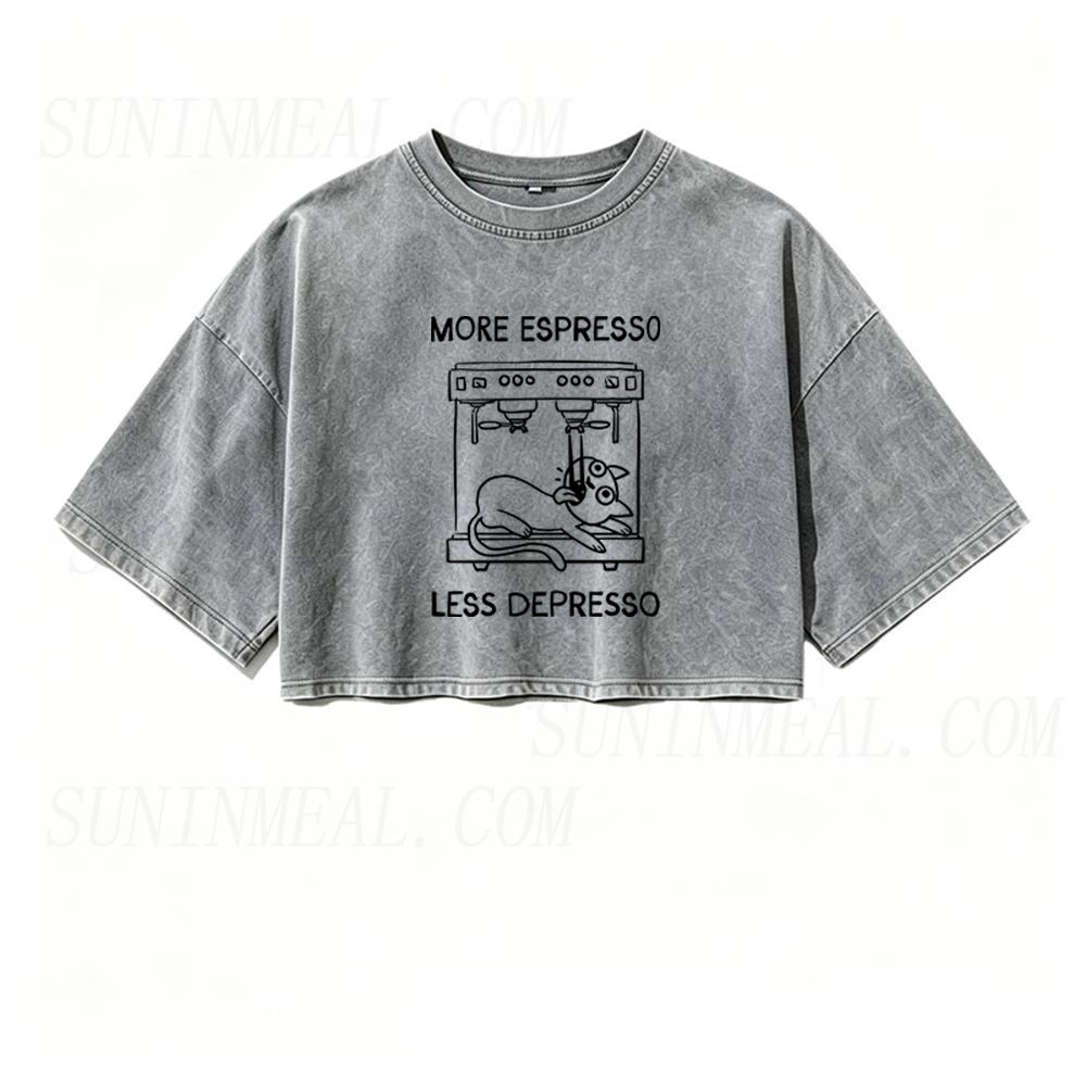 More Espresso Less Depresso Cat Coffee Oversized Crop Tee