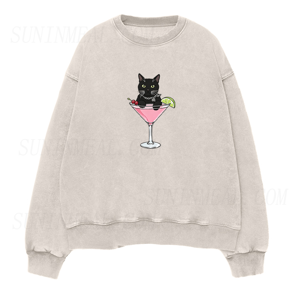 Black Cat Pink Martini Unisex Crewneck Sweatshirt