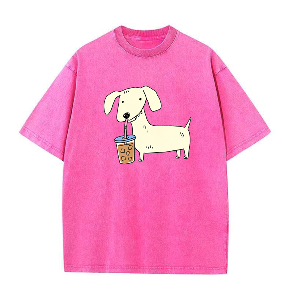 Dachshund Drinking Iced Coffee Unisex Tee