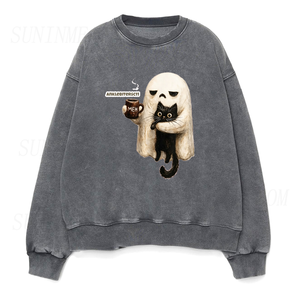 Ghost Black Cat Coffee Halloween Unisex Crewneck Sweatshirt