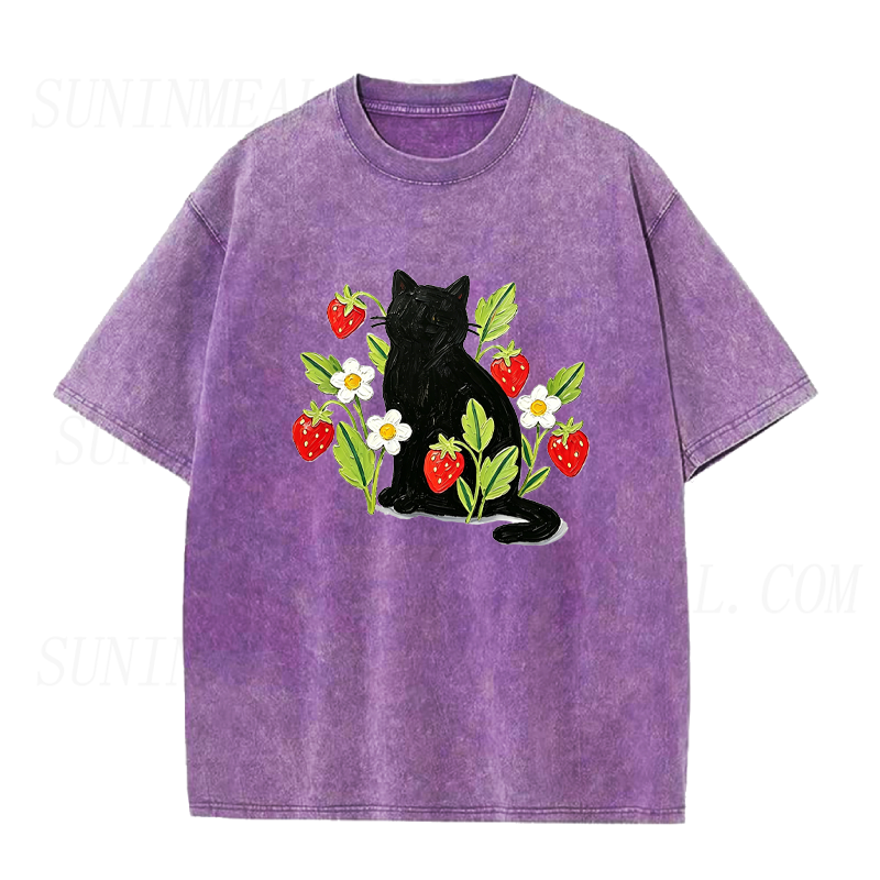 Black Cat with Strawberries and Flowers Unisex Tee