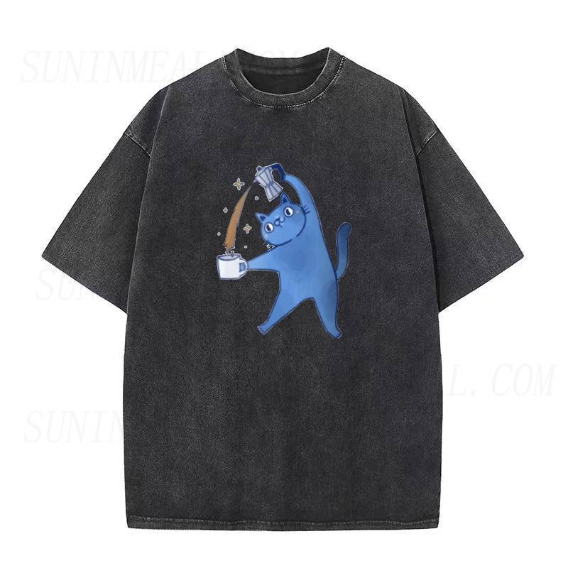 ブルーコーヒーキャットユニセックスTシャツ