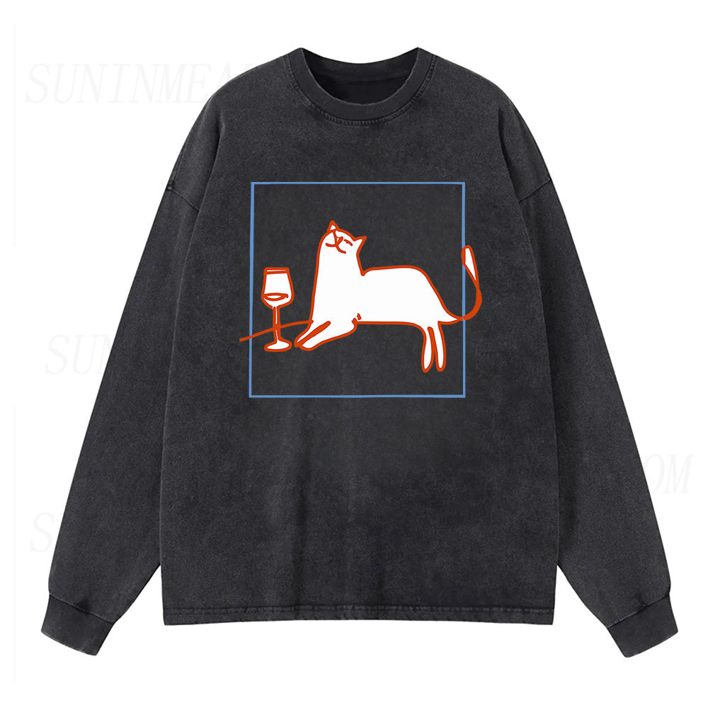 Orange Cat with Wine Long Sleeve Unisex Tee