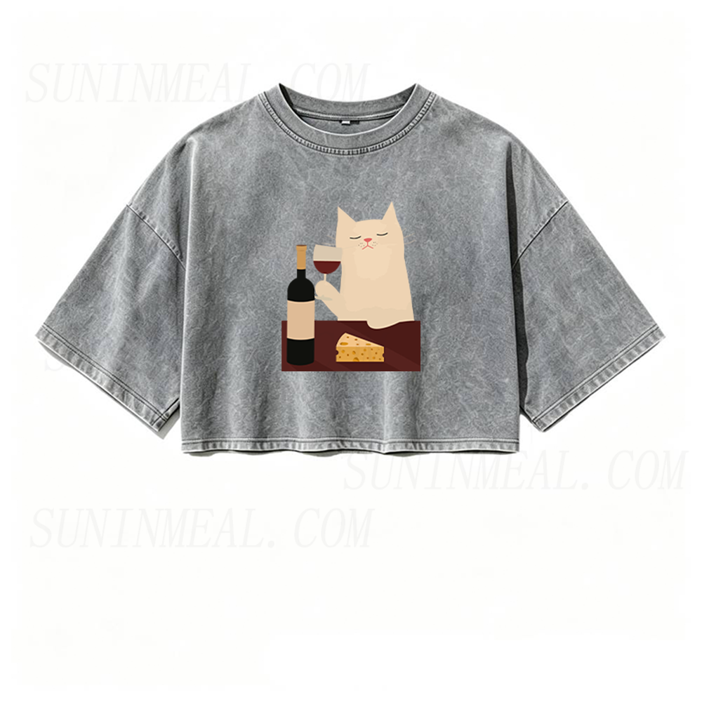 White Cat Wine Oversized Crop Tee