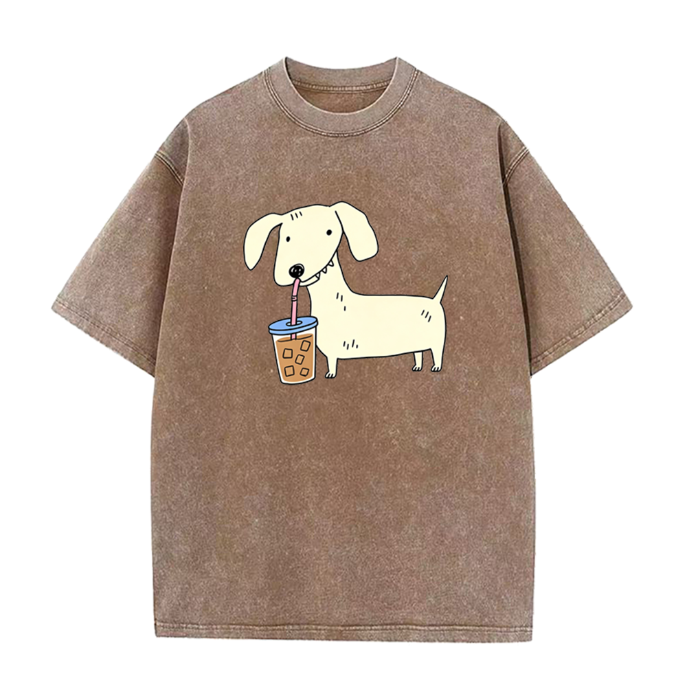 Dachshund Drinking Iced Coffee Unisex Tee