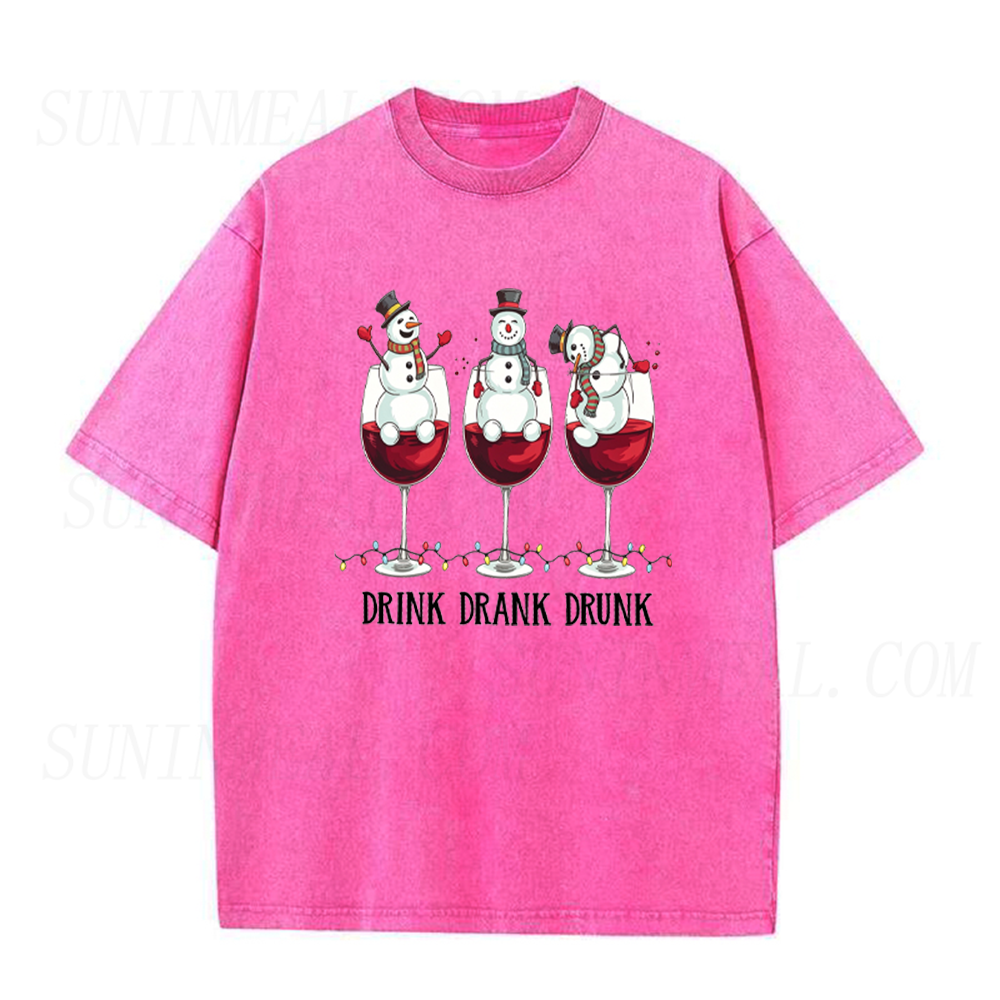 Drink Drank Drunk Funny Snowman Wine Glass Christmas Graphic Unisex Tee