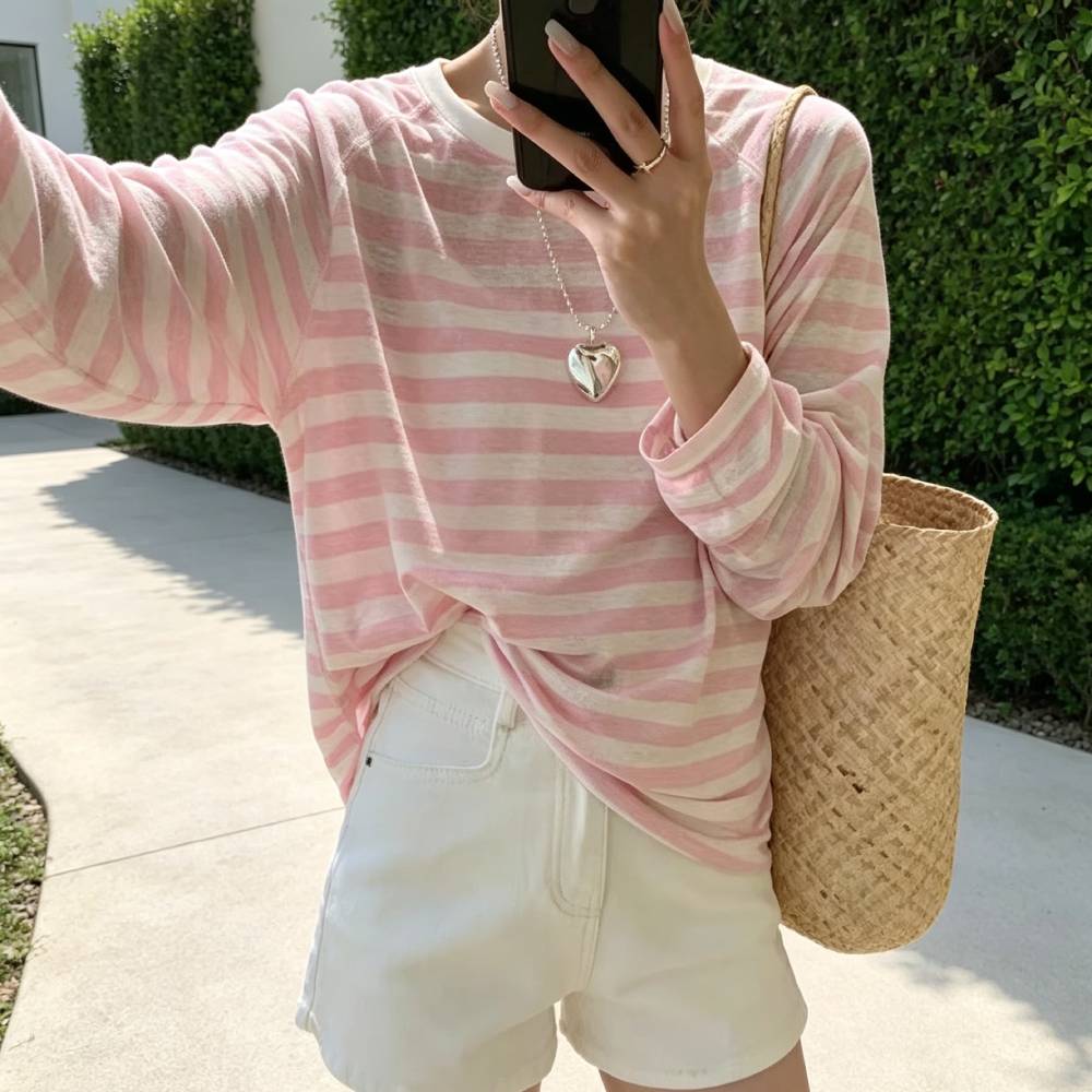 Casual Loose Striped Lightweight Long Sleeve Sun Protection Tee