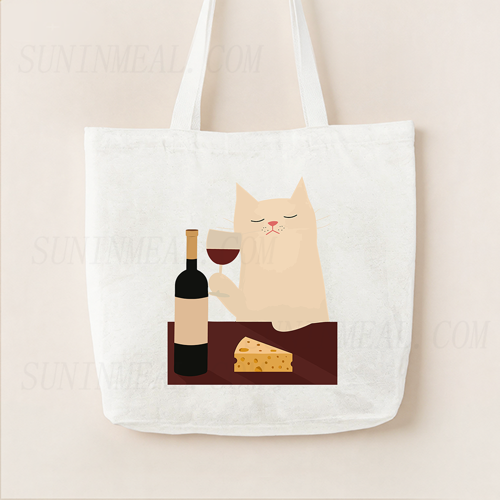White Cat Wine Canvas Tote Bag