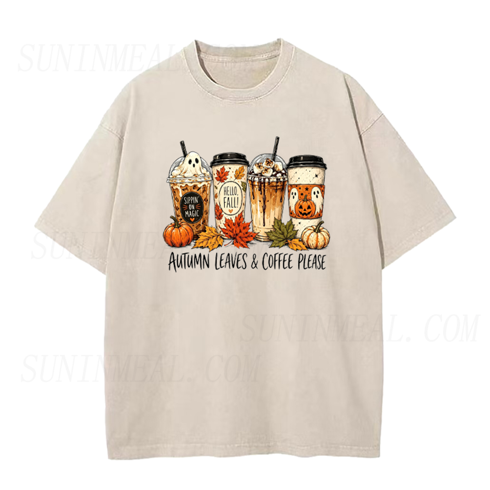 Autumn Leaves & Coffee Please Fall Halloween Unisex Tee
