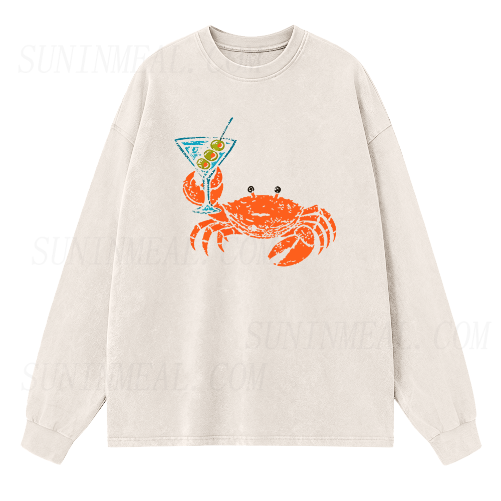 Funny Crab Holding Cocktail Long Sleeve Unisex Tee