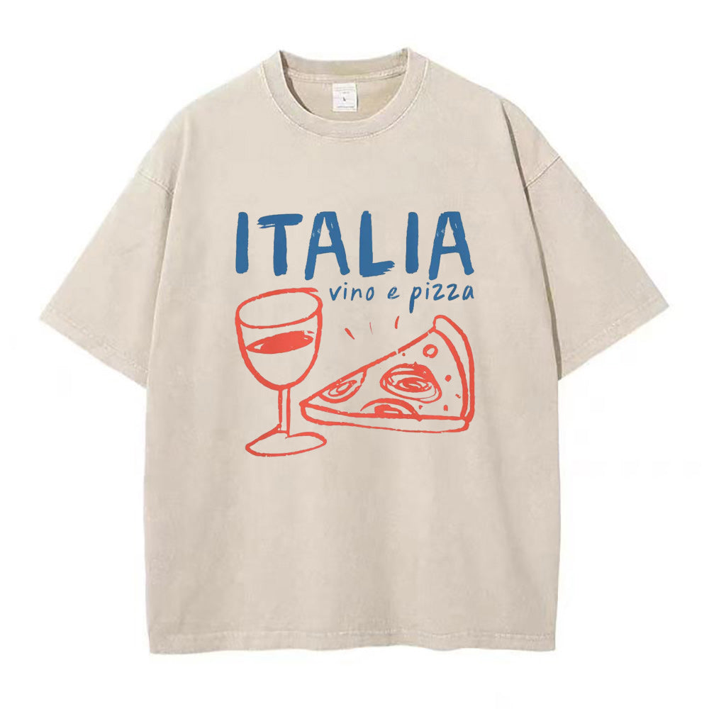 イタリアのワインとピザのユニセックスTシャツ