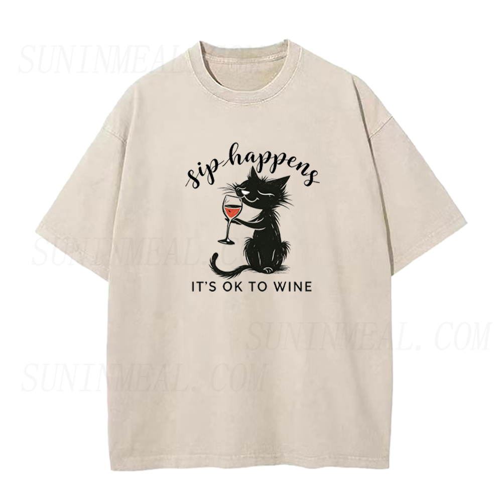 It's Ok To Wine Funny Cat Drinking Wine Unisex Tee