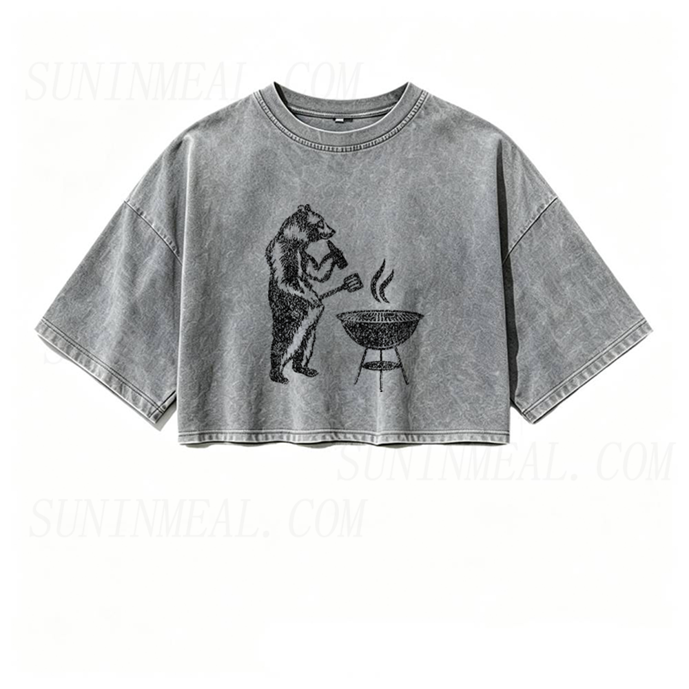 Wild Grizzly Bear BBQ Oversized Crop Tee