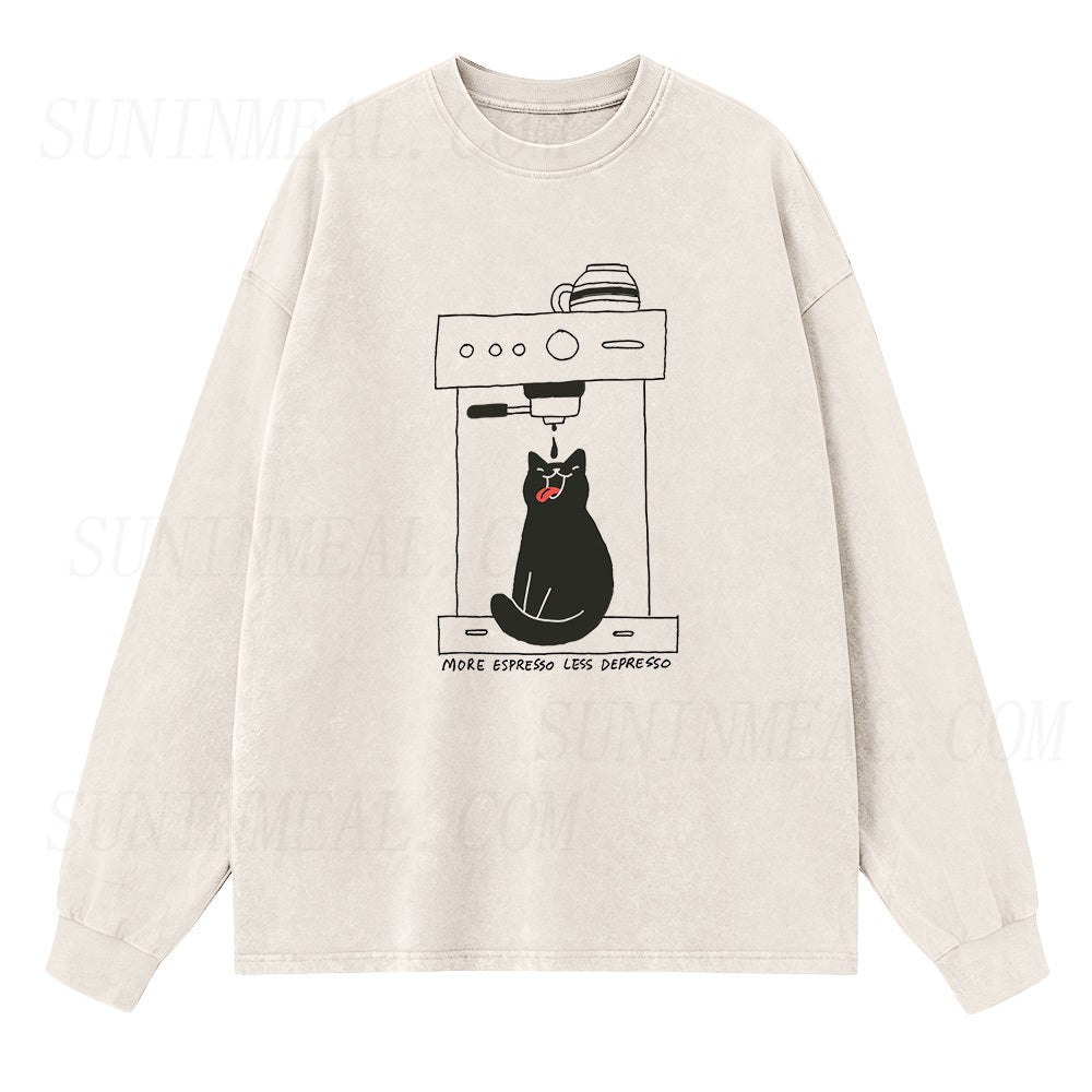 Cat Coffee More Espresso Less Depresso Sleeve Unisex Tee