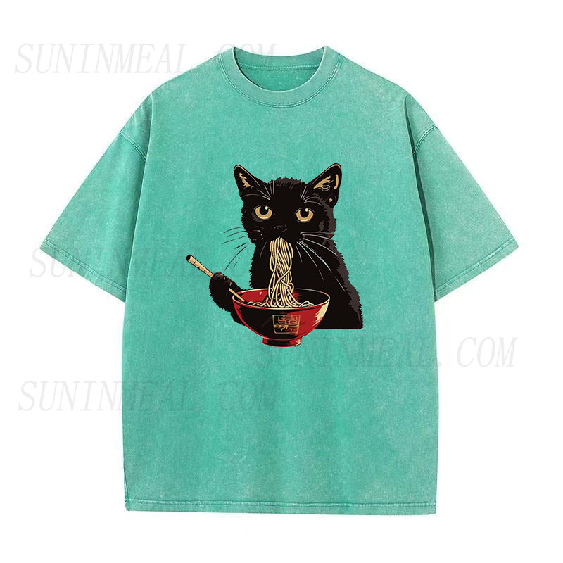 Cute Black Cat Eating Ramen Unisex Tee