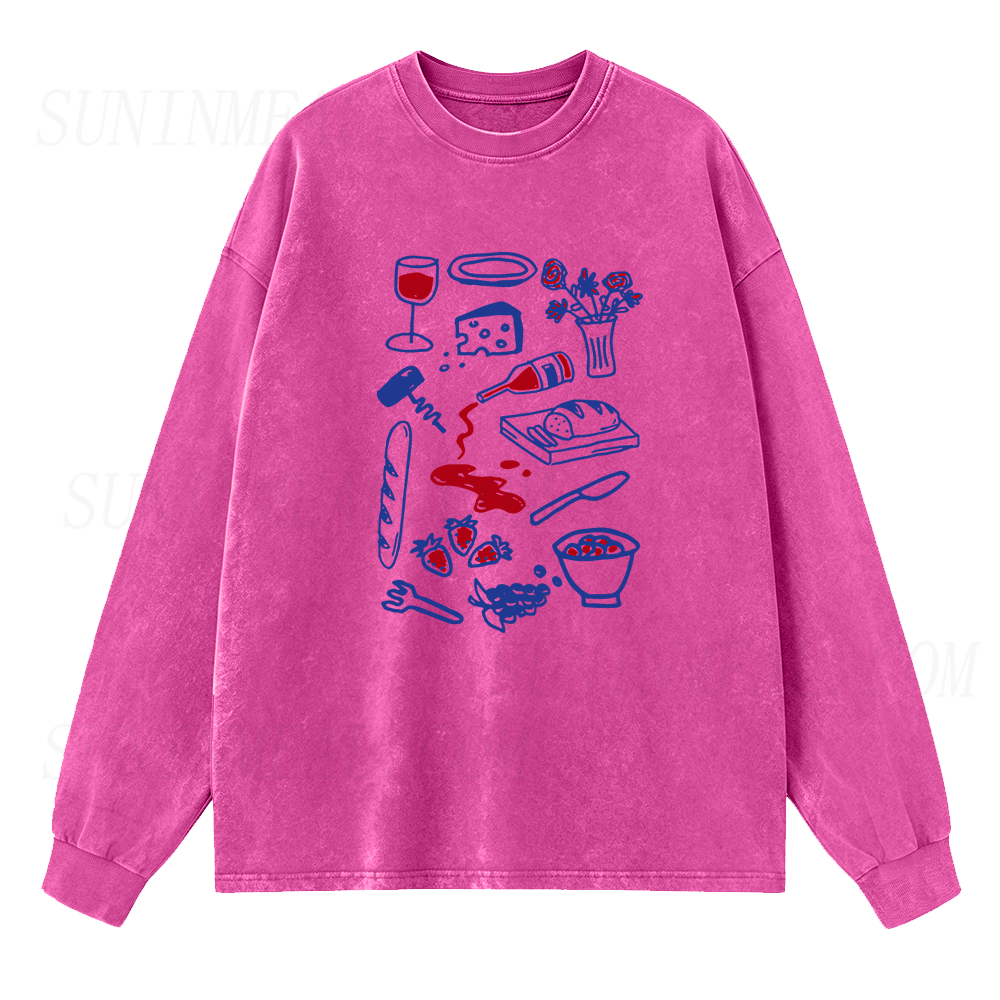 Wine Cheese Baguette and Fruits Long Sleeve Unisex Tee