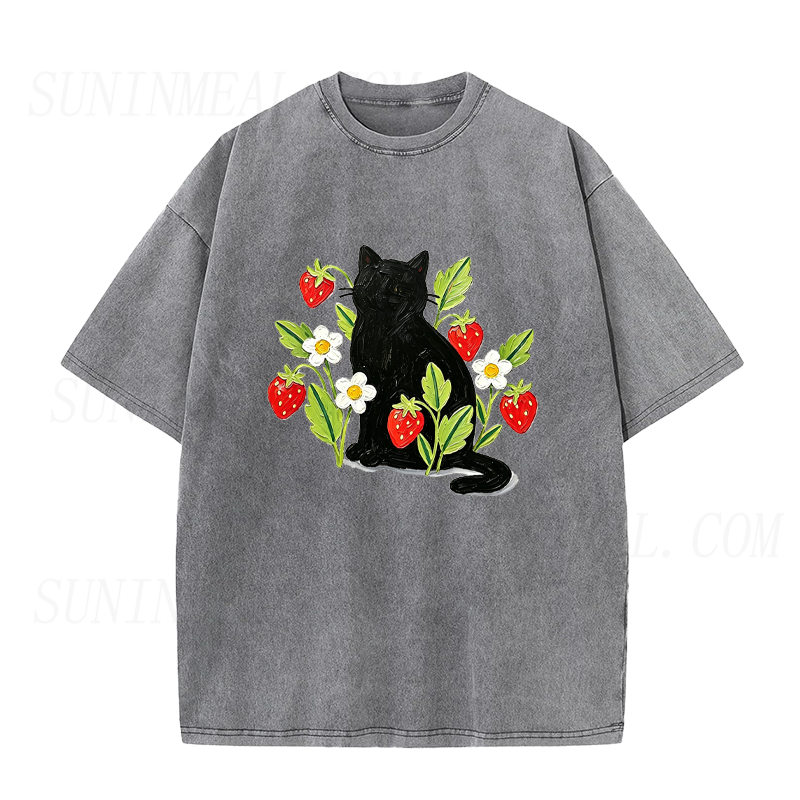 Black Cat with Strawberries and Flowers Unisex Tee