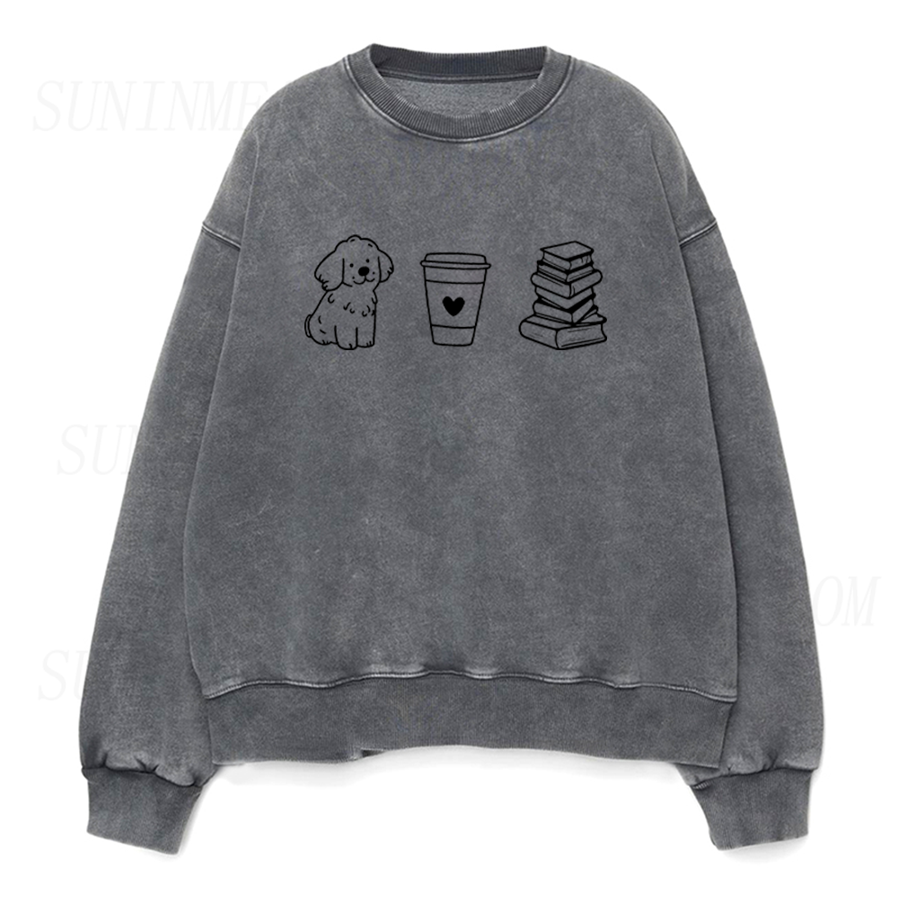 Cute Puppy Coffee Book Lover Graphic Unisex Crewneck Sweatshirt