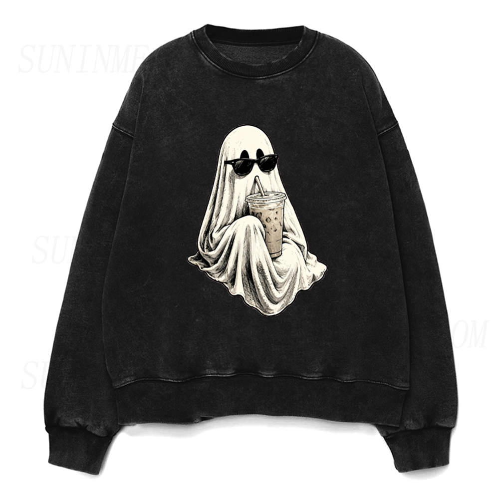 Ghost Drinking Coffee Halloween Unisex Crewneck Sweatshirt