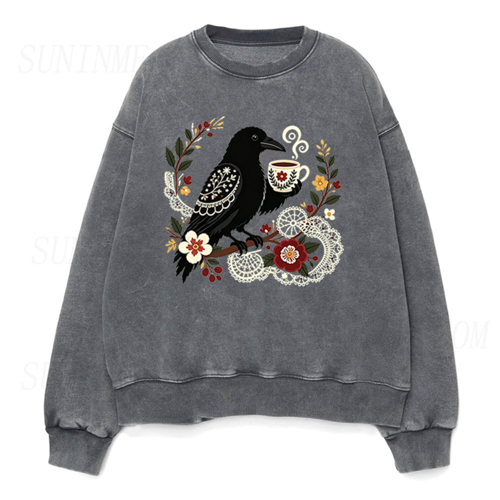Crow with Vintage Coffee Cup Unisex Crewneck Sweatshirt