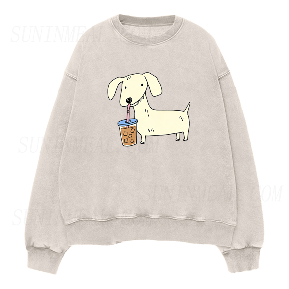 Dachshund Drinking Iced Coffee Unisex Crewneck Sweatshirt