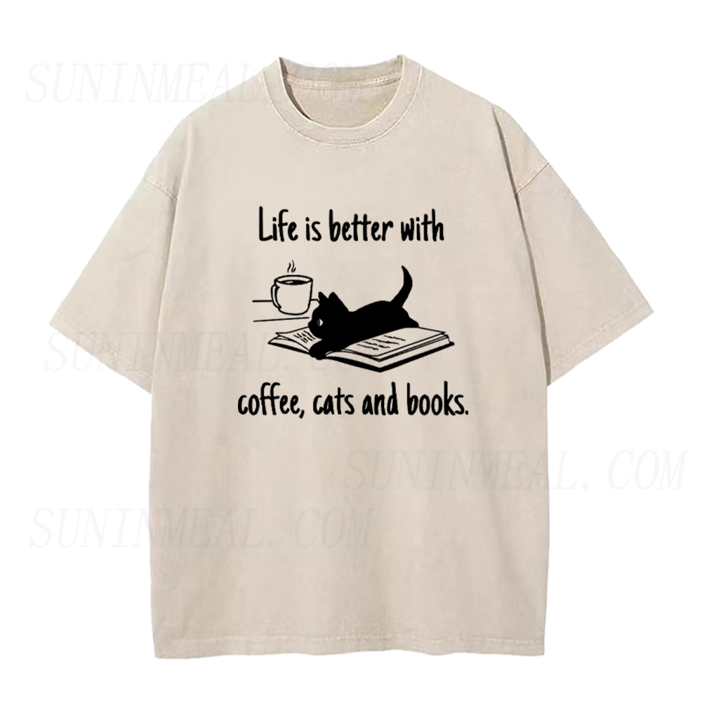 Life Is Better With Coffee Cats And Books Unisex Tee